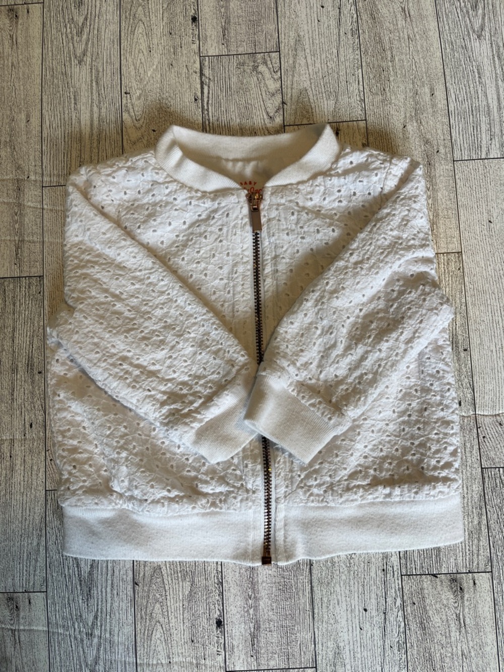 Cat & Jack White Eyelet Bomber Jacket Rose Gold Color Zipper Pull 6-9 Months